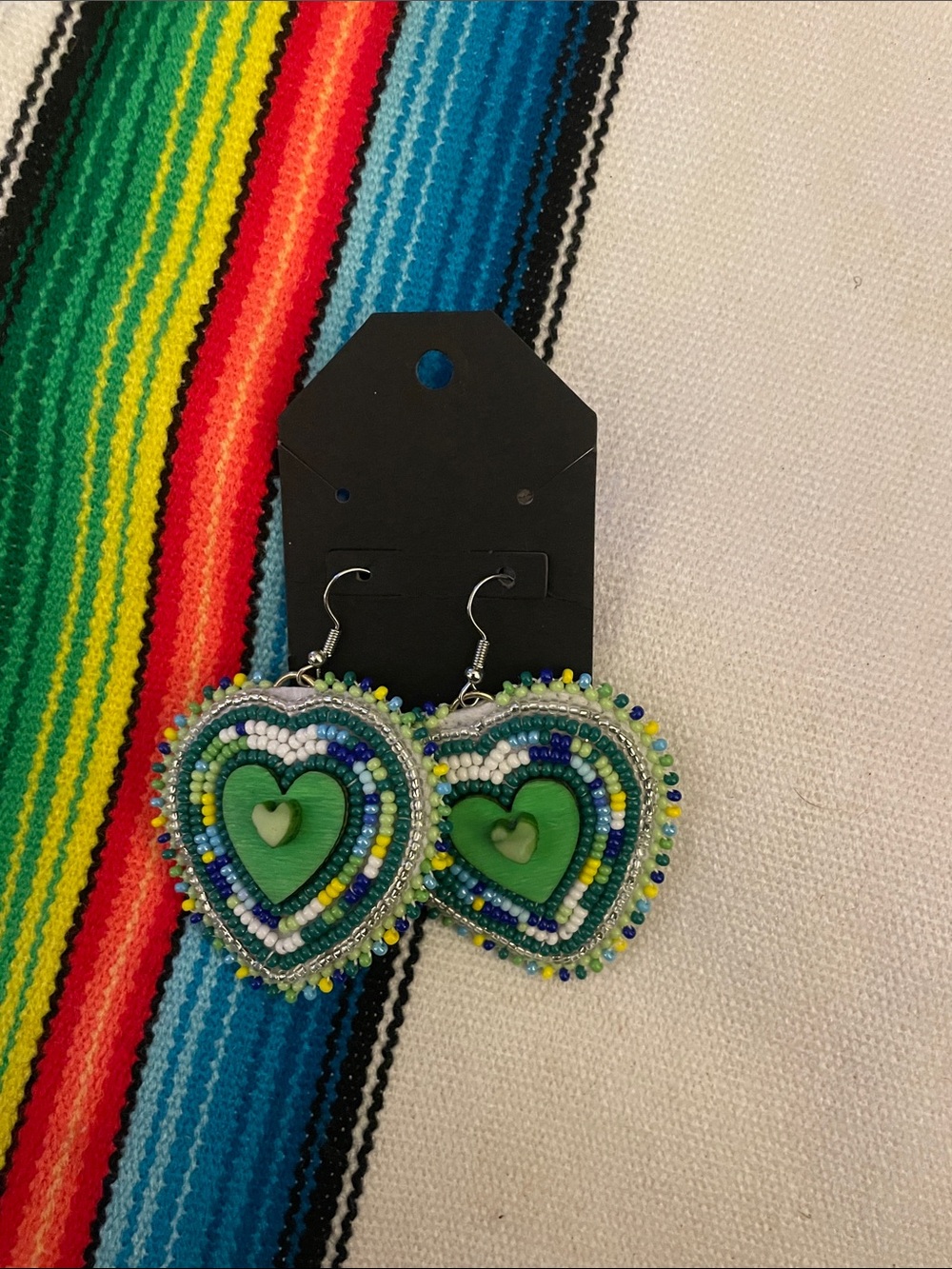Green Beaded Heart Drop Earrings - Women Accessories